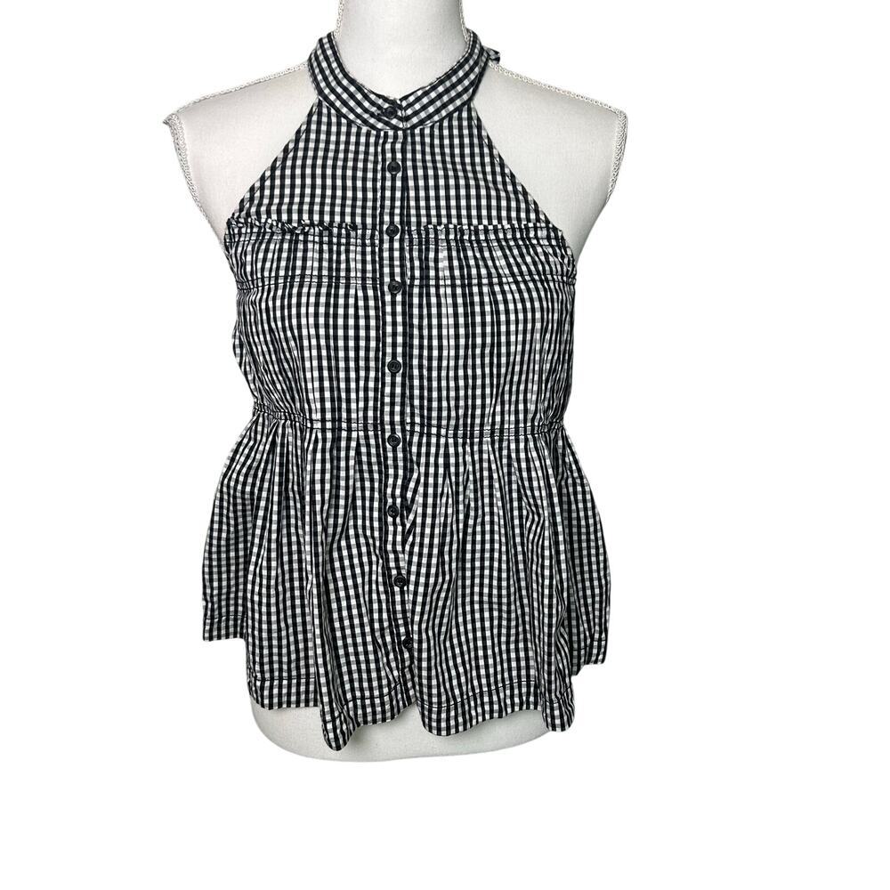 Free people take it easy black and white gingham boho cotton blend top size XS